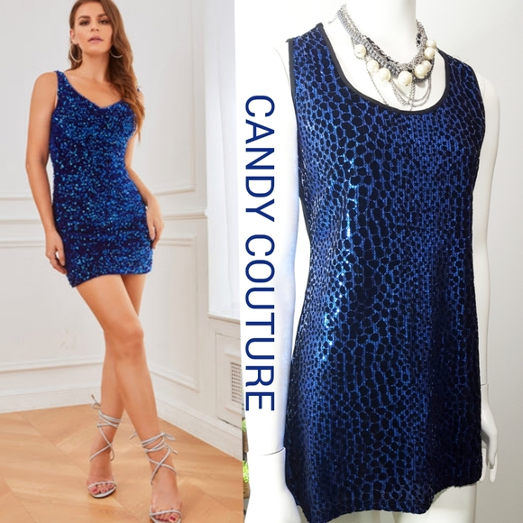 NEW Candy Couture🌺Slimfit Dress Leopard Blue Sequin Velvet - Picture 3 of 9